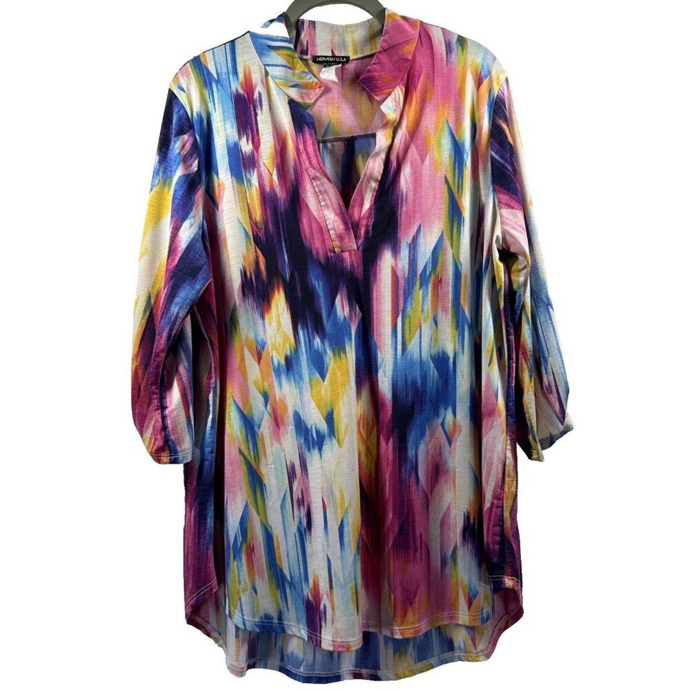 Heimish Women's Top Size Large Rainbow 3/4 Sleeves Relaxed Fit Colorful‎ Tie Dye
